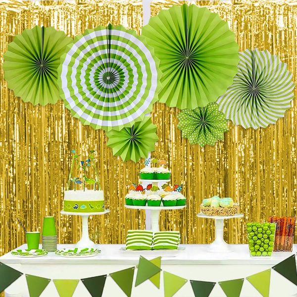 Decoração de festa 9pcs / conjunto de 15,7 polegadas fãs de cartão de papel verde 6.5ft folha de alumínio de ouro cortina de fundo flores