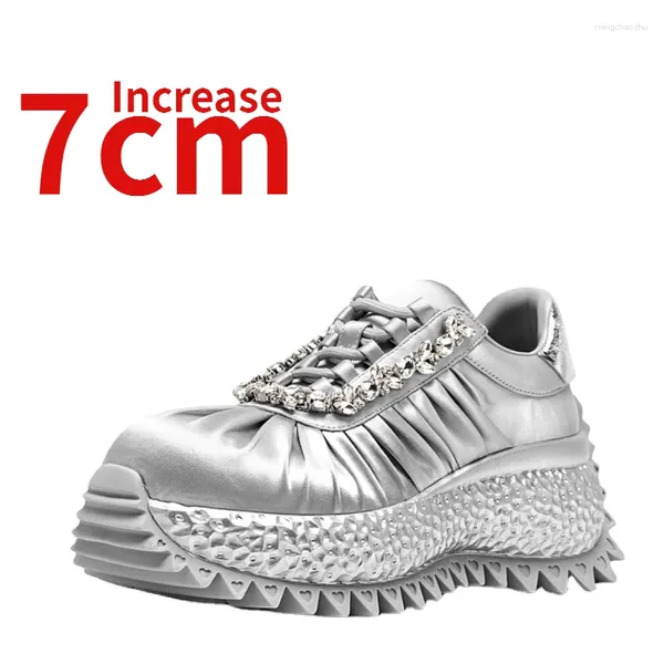 Sapatos casuais aumentando para mulher 7cm primavera água diamante pano de seda confortável leve sola grossa sapato moda