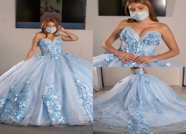 Fiori 3D azzurro Vestidos De Quinceanera Abiti 2023 Abito da ballo da ballo Applique floreale senza spalline Sweet 16 ragazze glitter 4709503