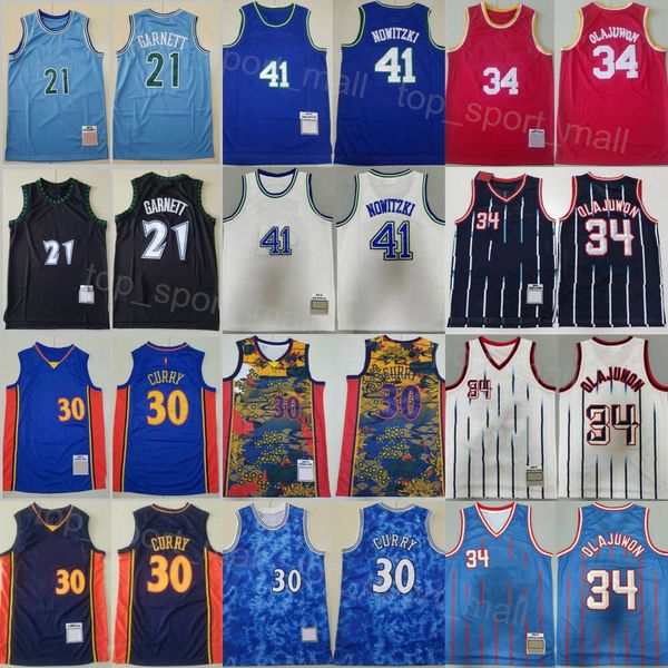 Herren Basketball Vintage Stephen Curry Trikots 30 Throwback Kevin Garnett 21 Dirk Nowitzki 41 Hakeem Olajuwon 34 Retro-Shirt, alle genäht, blau, rot, weiß, schwarz, Marineblau