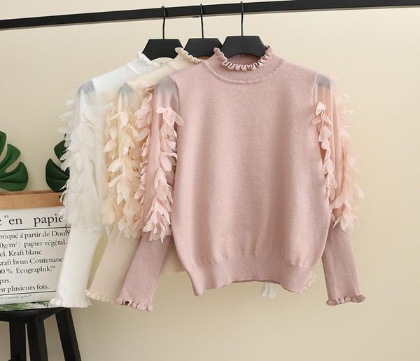 2019 Autunno nuovo maglione per ragazze grandi bambini stereo petali applique principessa pullover donna maglione lavorato a maglia splicing manica a sbuffo maglione F91806130