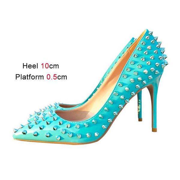 Scarpe eleganti Primavera Nuovo Rivetto argento Scarpe con tacco alto 10CM Décolleté a punta blu 2023 Moda Tacco sottile Donna Tendenza unica Punk Style91ZY H240321