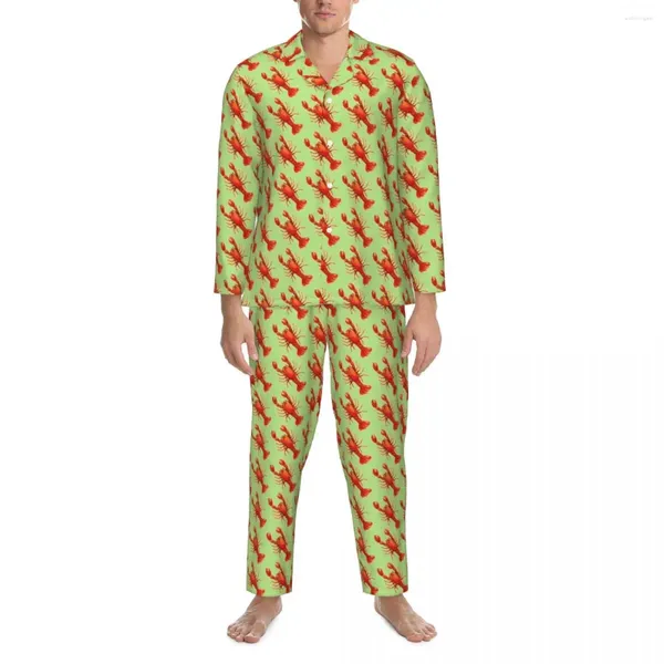 Homens sleepwear eu amo lagostas outono animal impressão retro oversized pijama conjunto homens manga longa quente sono gráfico casa terno