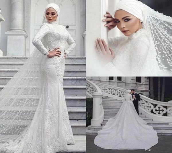 Moderne muslimische Brautkleider Meerjungfrau Spitze Langarm Stehkragen Saudi-arabisches Brautkleid mit Hijab-Schleier nach Maß Vestidos9045881