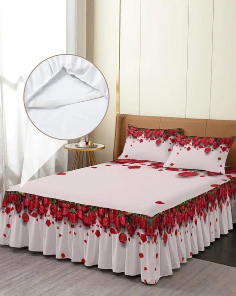 Bettrock, rote Rose, Blume, elastisch, Spannbettdecke mit Kissenbezügen, Schutz, Matratzenbezug, Bettwäsche-Set, Bettlaken