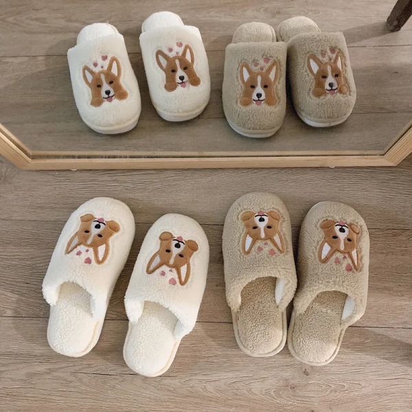 Pantofole nuove simpatiche donne per cani scarpe peluche inverno inverno calda animale femmina di cotone pantofole coreano in stile ragazza simpatiche scivoli piatti pelosi scarpe