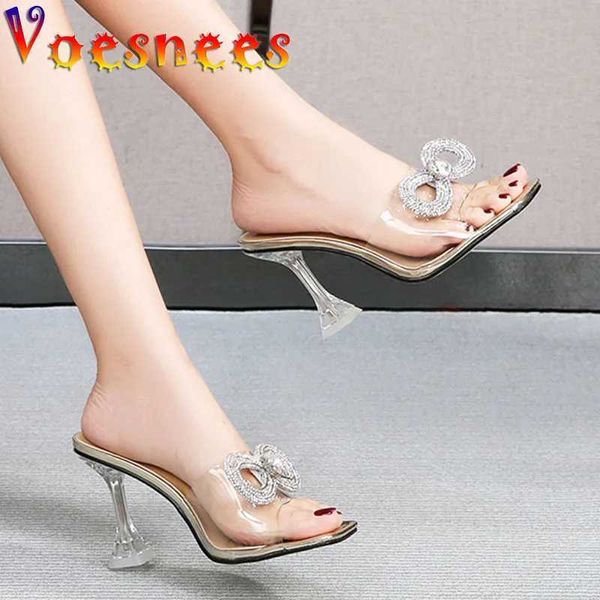 Sapatos de vestido Voesnees brilhando diamante arco transparente pvc chinelos 9cm sandálias de cristal moda senhoras festa de salto alto ouro e prata h240325