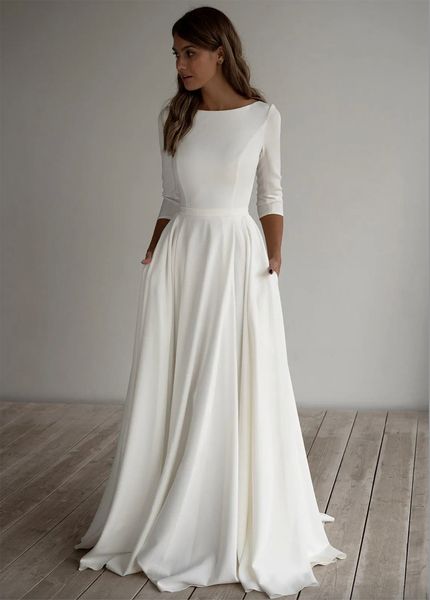Bescheidenes A-Linien-Hochzeitskleid aus Krepp mit langen Ärmeln, figurbetonter Schleppe, einfach, elegant, informell, Boho-Brautkleider mit Ärmeln, nach Maß