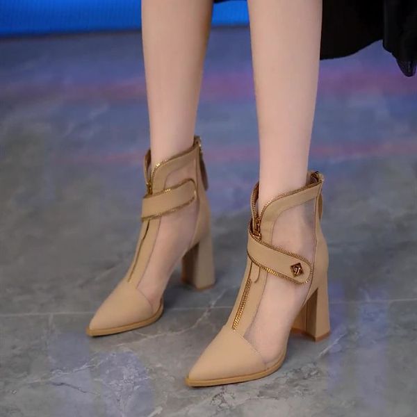 Французский дизайнерский смысл, короткие сапоги на высоком каблуке, летние заостренные задние молнии, модные короткие сапоги на толстом каблуке, женская дизайнерская юбка, размер обуви на высоком каблуке 35-40