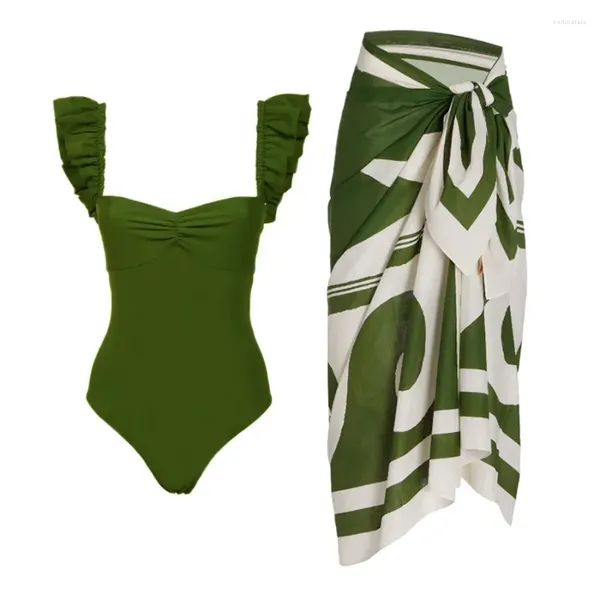 Costumi da bagno da donna Vintage Green Print Bikini Set Costume da bagno Gonna Donna Sexy Asimmetrico One Piece Holiday 2024 Costumi da bagno da spiaggia