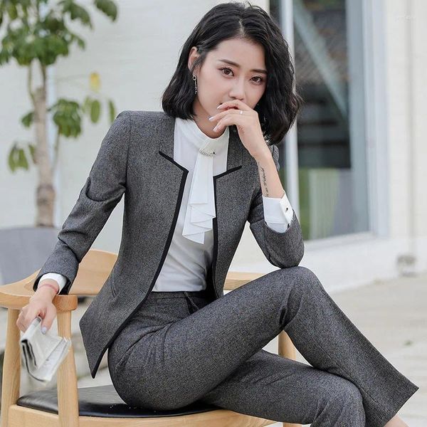 Calças femininas de duas peças 1809 Business Wear Suit Entrevista Formal El Front Desk Manga Longa Roupas de Trabalho Primavera e Outono