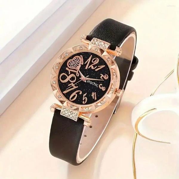 Braccialetti a maglie Orologio al quarzo Set di braccialetti vuoti Strass da donna con motivo a foglia e cuore Perline scavate Quadrante rotondo da 6 pezzi