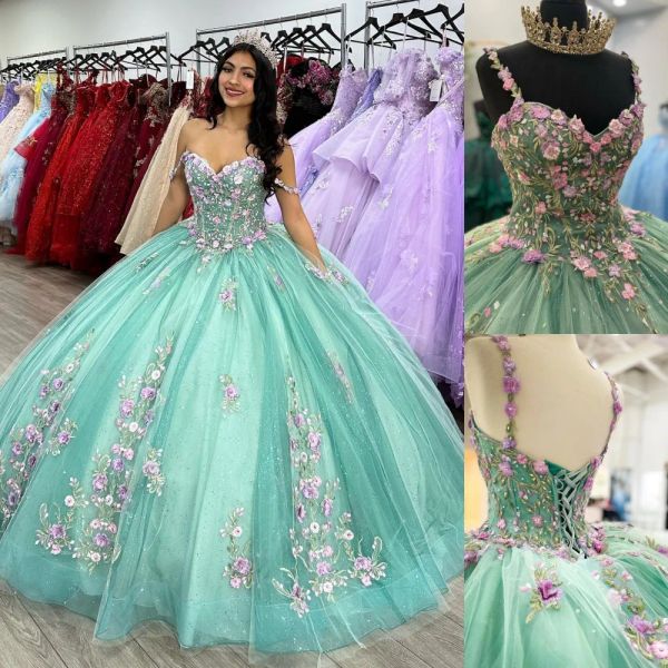 Vestidos Sage Garden Quinceanera Vestido 2023 Contrastante Bordado Floral Renda Charro Mexican Quince Doce 15/16 Vestido de Festa de Aniversário para 15