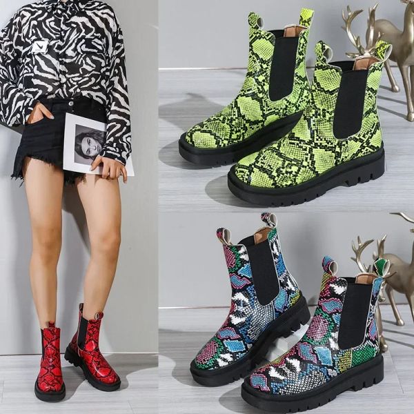 Сапоги Women Smake Pattern короткие ботинки четыре сезона Европейская американская мода комфортабельная анти -слипая сапоги Челси Банкет.