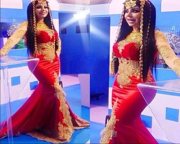 Mode Muslim Arabisch Lange Ärmel Perlen Meerjungfrau Gold Und Rot Promi Abendkleider Dubai Pakistan Lange Maxi Abend Gow9271637