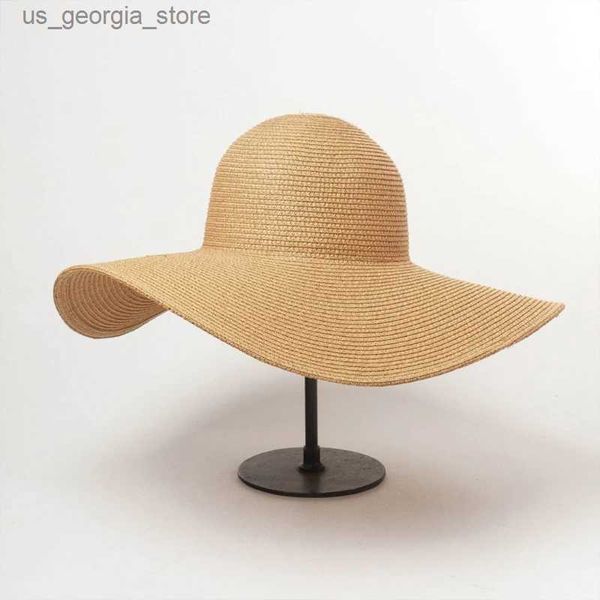 Шляпы с широкими полями Панама Лето Сплошной цвет Мода Горный хрусталь 14 см Очень большая шляпа от солнца Женская пляжная шляпа от солнца Str Туризм Складная УФ-панама Оптовая Y240320