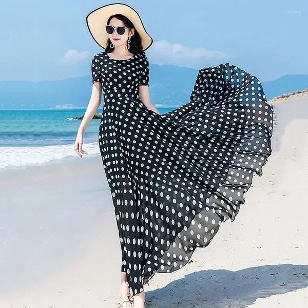 Halılar 2024 Kadınlar Yaz Moda Şifon Etek Kırmızı Dalga Nokta Elbise Uzun Retro Hepburn Beach Trend