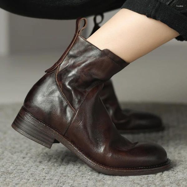 Botas 2024 outono tornozelo vaca couro lado zip apartamentos feminino botas curtas de alta qualidade plissado sapatos femininos casuais venda