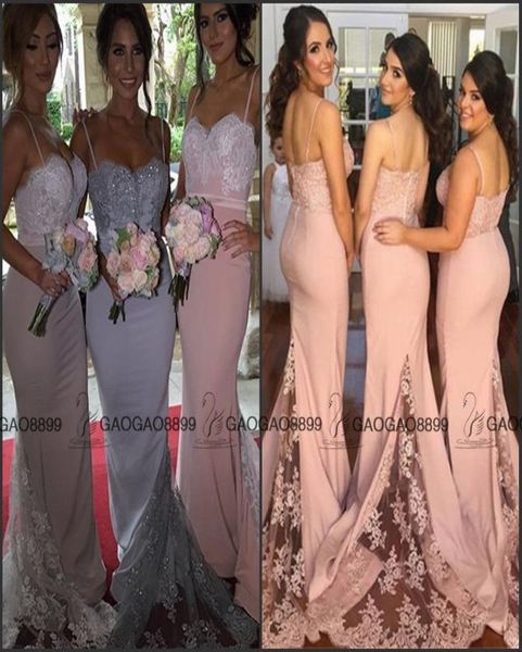 2019 Moda Pesca Blush Sirena Spiaggia Abiti da damigella d'onore Lavanda Spaghetti Backless Lace Train Damigella d'Onore Invitato al matrimonio C5789061