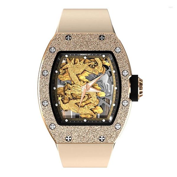 Armbanduhren Cronusart Herren Automatikuhr Luxus 50 mm Tonneau Mechanische Uhren Kohlenstoffstahlgehäuse Fluorkautschukarmband Skeleton Gold Dragon