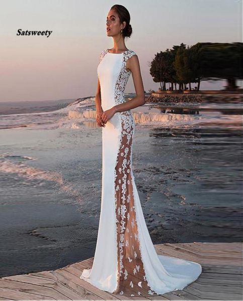 Satin Spitze Hochzeitskleid Mermaid Oneck Seethrough Brautkleider Strand ärmellose elegante Partykleider Boho4393853