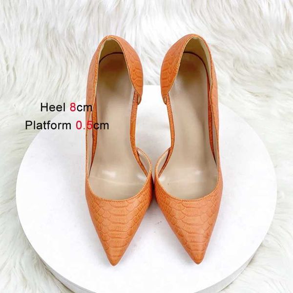 Sapatos de vestido 2024 novo padrão de cobra laranja salto alto 12cm sexy apontado fino salto fino mulheres moda senhoras escritório boca rasa bombasv4tx h240321