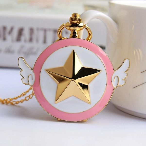 Orologi da tasca Anime giapponesi Card Captor Sakura Collana con orologio d'oro Star Wings Ciondolo Orologio a catena Orologio da donna per ragazze Gift268n