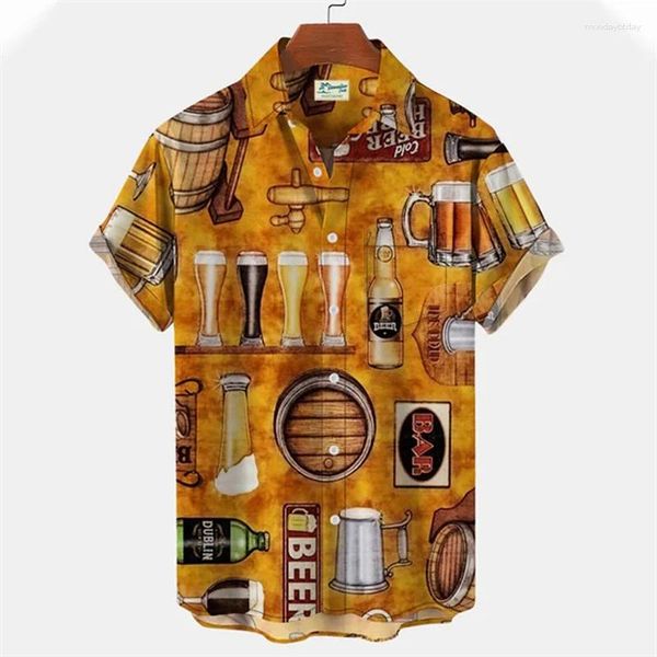 Camisas casuais masculinas homens manga curta havaiana impressão 3D cerveja vinho gráfico praia verão botão para baixo camiseta tops