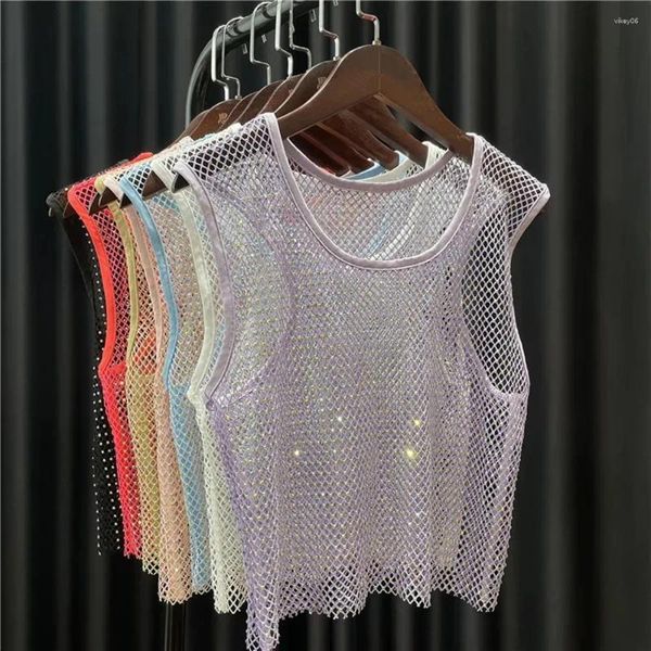 Mulheres Camisetas Cristal Diamante Malha Tops para Mulheres Pequeno Colete Redondo Camisa Tanque Fishnet Slim Fit Cropped Umbigo Curto Verão Meninas