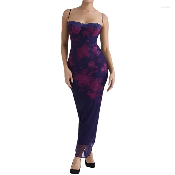 Lässige Kleider Sexy Spitzenbesatz Kleid für Frauen Floral Spaghettiträger Low Cut, figurbetont, rückenfrei, Slim Fit, Party, Club, lange Clubwear