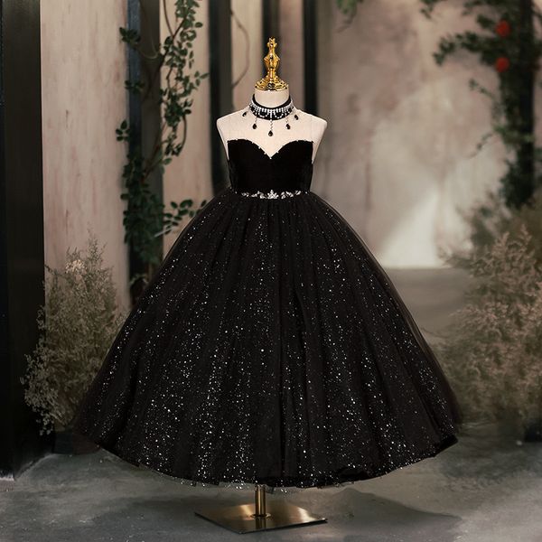 Glänzend Blumenmädchen Brautjungfernkleider schwarz Erst heilige Kommunion Kinder Teenager Festzugskleider Geburtstagsfeierkleid für Hochzeit Kochertail Kleid 403