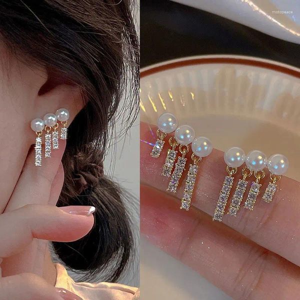 Brincos de garanhão 2024 coreano delicado zircão borla pérola para mulheres moda balançar brinco jóias atacado