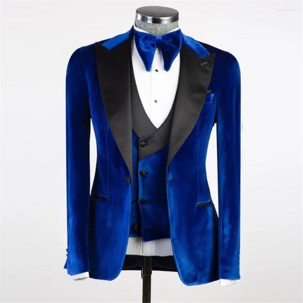 Herrenanzüge Royal Man Hochzeit Smoking Maßgeschneidert Blauer Samt 3 Stück Männliche Mode Business Dinner Party Prom Blazer Kostüm Homme