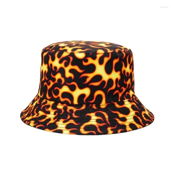 Berets reversível balde chapéus para homens mulheres harajuku fogo chama impressão pescador boné algodão moda anti-sol bob chapeau hip hop panamá