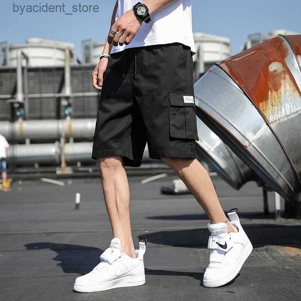 Shorts masculinos calções masculinos 2023 verão calções de praia dos homens fitas preto hip hop streetwear casual masculino calções esportivos masculinos calções de carga l240320