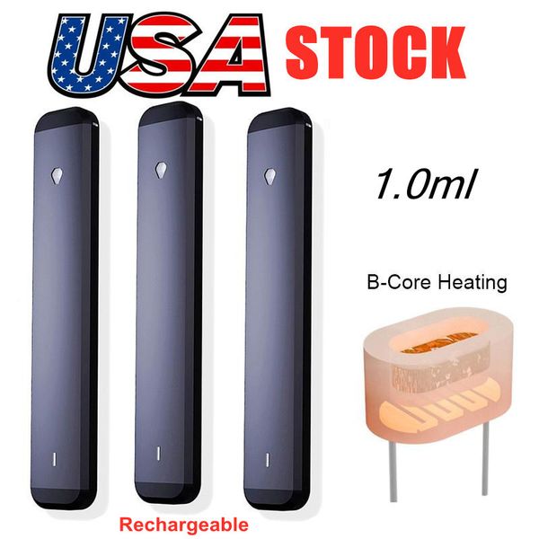 USA STOCK 1ML Vape Canetas Descartáveis E-cigarro Carrinhos de Óleo Grosso Vazio Pod Recarregável 280mAh Bateria Cerâmica Bobinas Vaporizador Caneta Preta 200PCS / case