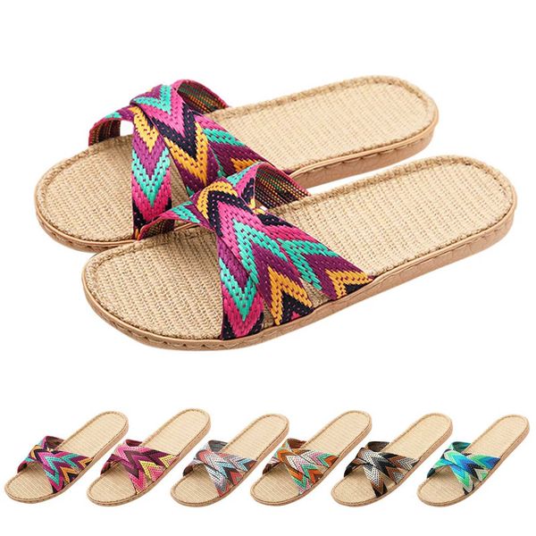 Hausschuhe Womens Multi-Color Flat Slider Sommer Leinen Indoor Schuhe Familie Freizeit Beach Cross Gurt Womens Flip Sandalen H240325