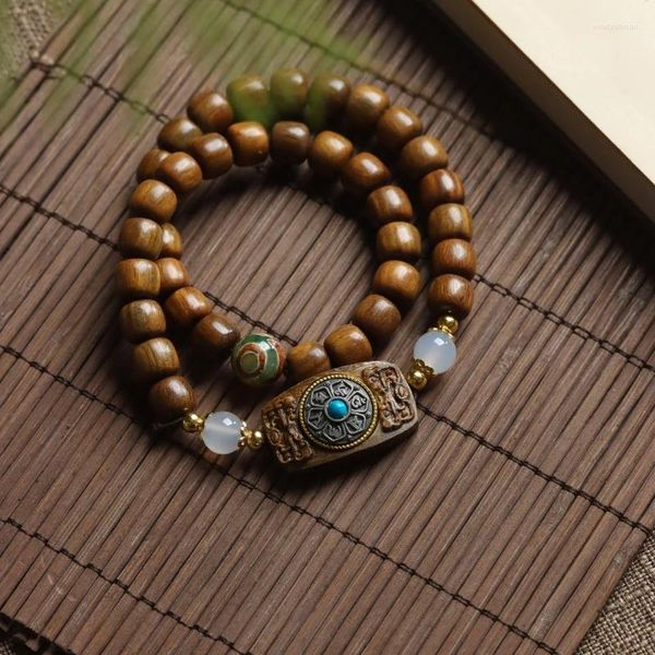 Strang grünes Sandelholz, alte Perlen, chinesischer Stil, Armbänder, antikes Paar, Buddha-Gebet