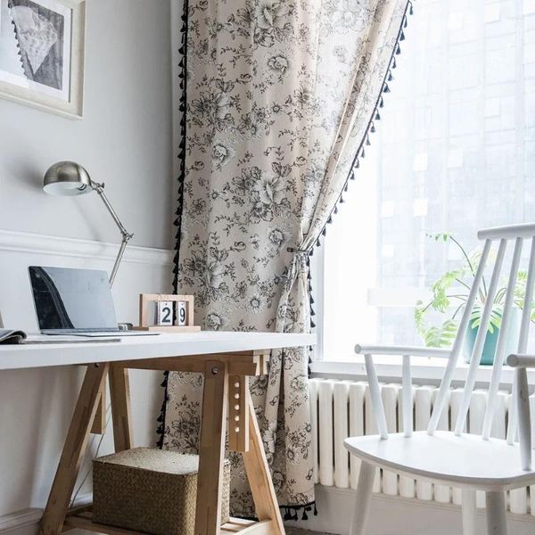 Cortina 2 peças franja preta peônia flores estilo americano cortinas de tecido para quartos sala de estar decoração de festa em casa