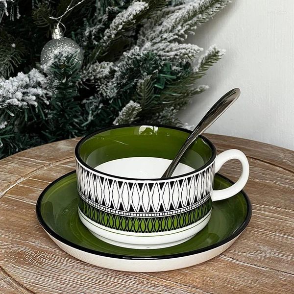 Kupalar vintage yeşil seramik kahve fincan tabak seti büyük kapasiteli kupa çiçek yaratıcı norik ikindi çayı