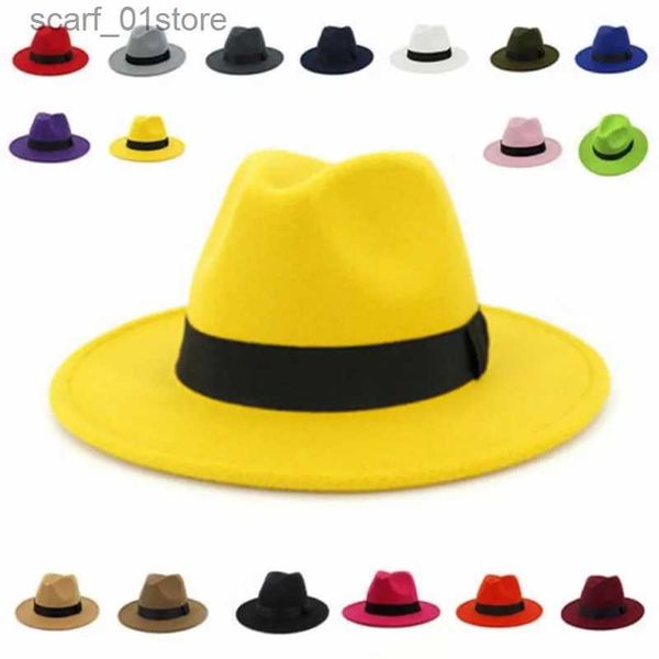 Bola bonés feminino inverno amarelo elástico fedora chapéu de lã neutra feltro jazz chapéu elegante feminino aba larga panamá trilby cc24319