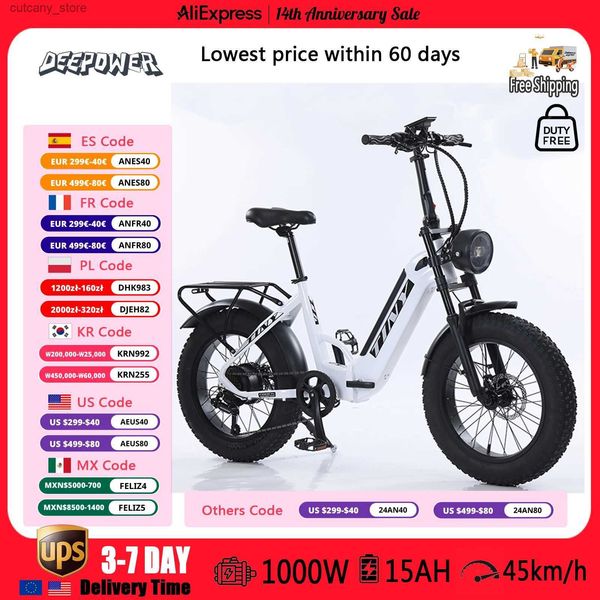 Fahrräder Ride-Ons DEEPOWER 1000W Ectric Bicyc 1000W 48V 15AH 20*4,0 Zoll Fat Tire Ebike 20 Zoll Mountain Beach Snow Elektrofahrrad L240319