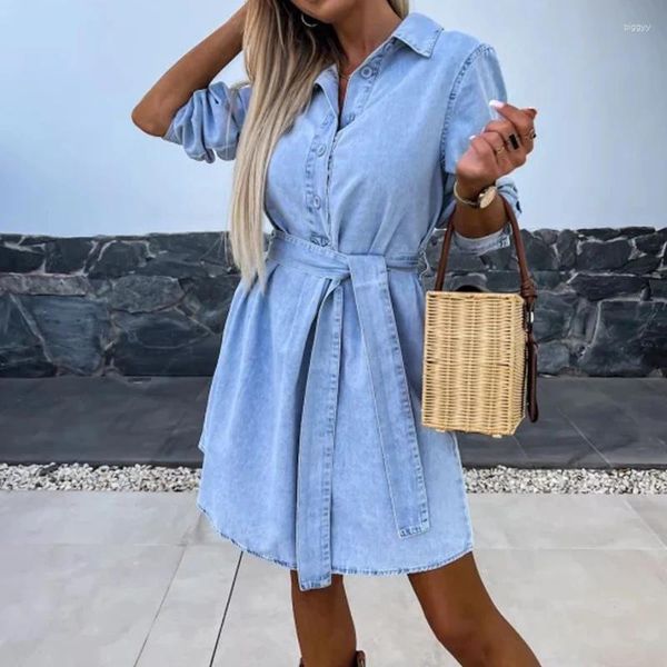 Vestidos casuais verão primavera manga longa camisa vestido moda turn-down colarinho cor sólida curto cintura alta lace-up denim a-line