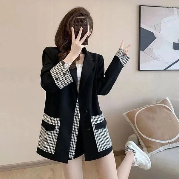 Ternos femininos feminino terno jaqueta primavera outono 2024 moda coreano solto manga longa emenda blazer casaco feminino casual senhoras topos