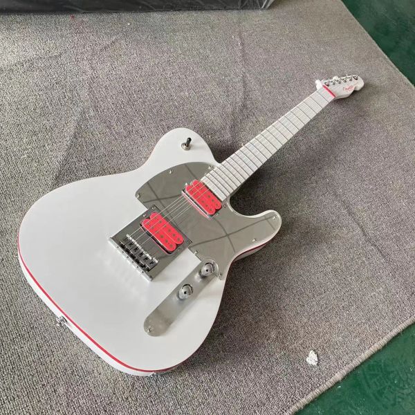 Guitarra elétrica dividida tl, corpo branco, encadernação vermelha, trilha de bordo, linha de cabeça de bala de escala de bordo, proteção de espelho, captador aberto,