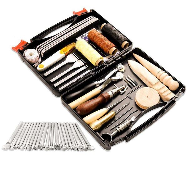 Bagerla 50 Parça İşçi Araç ve Malzemeleri Tool Box Pro Punch Edge Beveler Balmumu Halatları İğneleri Mükemmel I Punchi Cutti Sewi Deri Zanaat