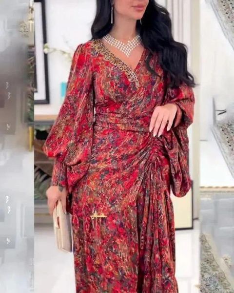 Abbigliamento etnico India Dubai Abaya Abito da festa per donna Scollo a V Stampa Abito da ballo Abiti da sposa Prom Serata Marocco Caftano