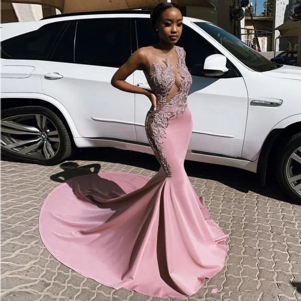 Dusty Pink Mermaid Prom Vestidos Sheer Jewel Neck Africano Meninas Appliqued Lantejoulas Longos Vestidos de Noite Plus Size Robes