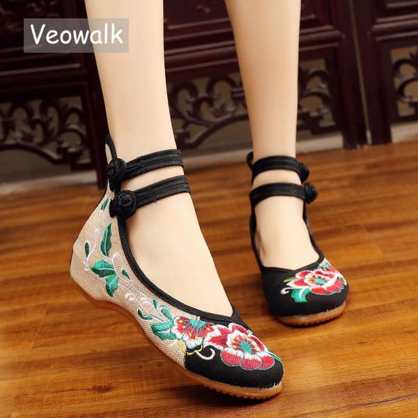 Flats Veowalk Sapatos femininos da moda chinesa Mary Jane Jane Denim Flor Borno