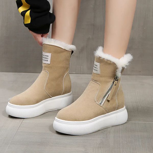 Botas de neve de pele fêmea de pêlo de inverno grosso de cabeça redonda acolchoada de algodão quente estilo coreano zip plangs botas de nieve